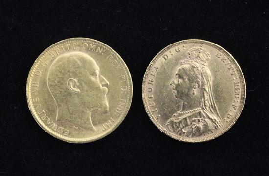 Two gold full sovereigns Victoria 1892 and Edward VII 1905.